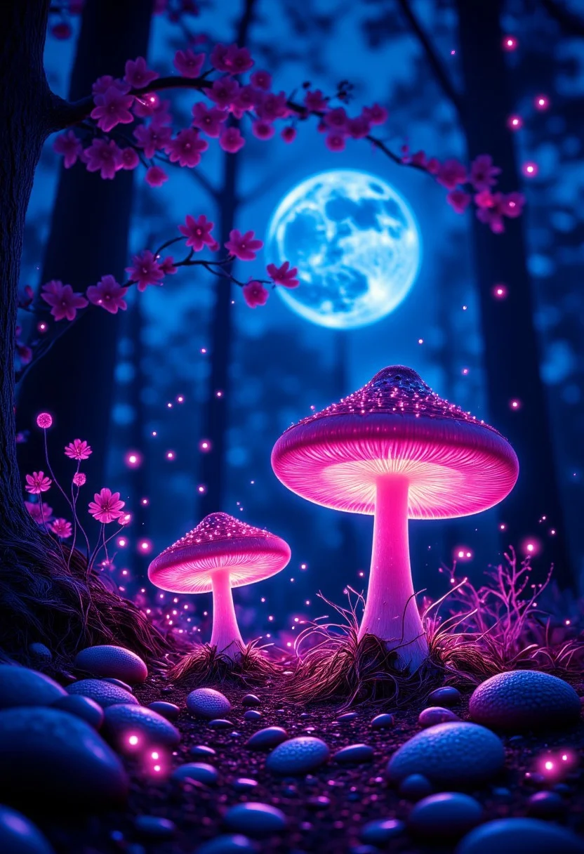 Forest glade at night with pink glowing, mushrooms, fireflies, flowers, berries. Blue moon, stars. Realistic, beautiful nature, moonlight llumination, colorful particles, fog, elegant scenery, wet ground, photo. , aidmaGlow