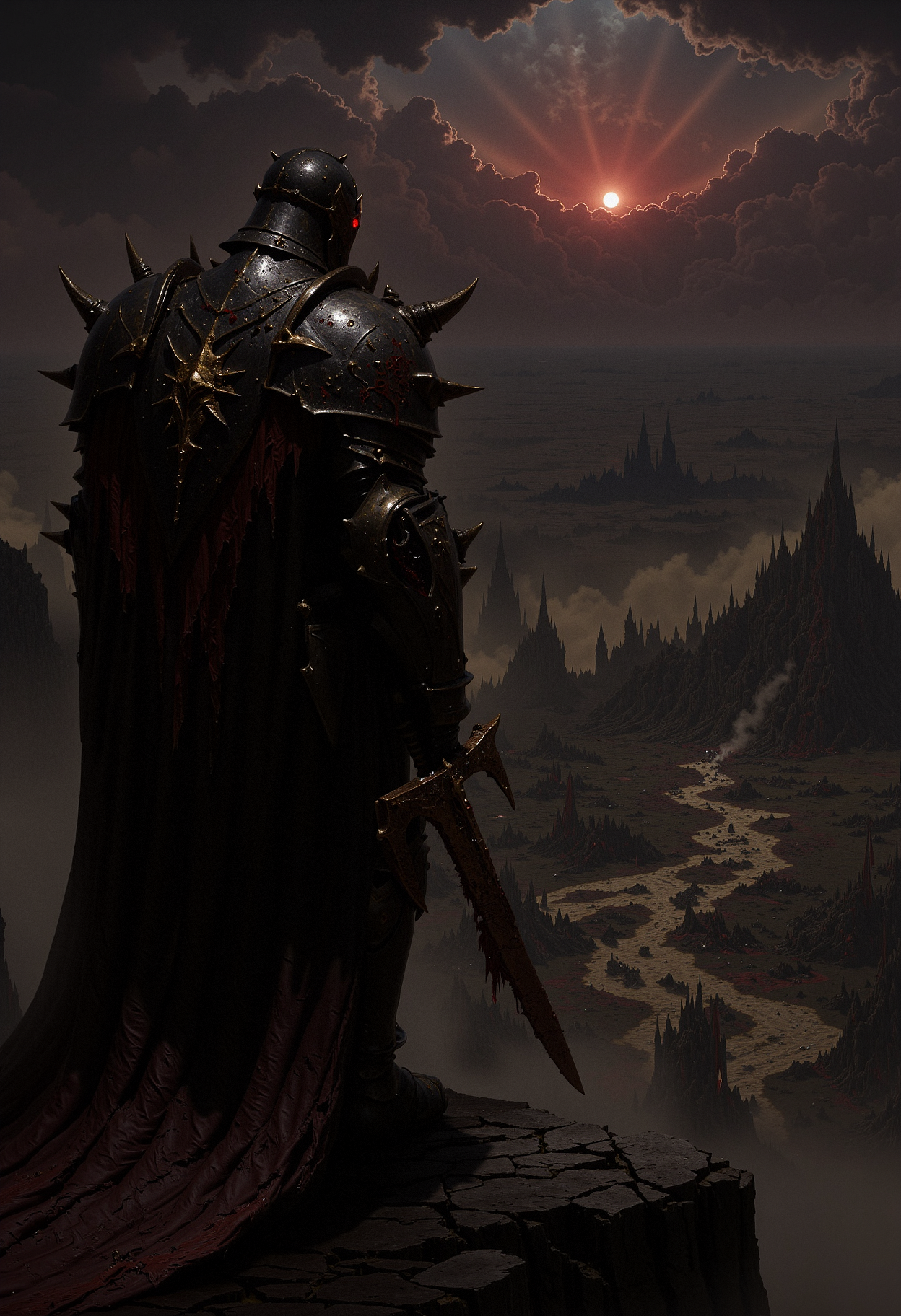 A lone knight, clad in black spiked armor, stands on a cliff overlooking a ruined battlefield. The knight's armor is dented and stained with dried blood, with glowing red eyes visible through the slit of his helmet. In his hand, he holds a rusted sword, its blade chipped and scarred. The battlefield below is littered with the broken remnants of ancient warriors and siege engines, with dark clouds swirling above. The lighting is dim, with an eerie red glow coming from the horizon as if the sun is bleeding into the sky. The style is dark fantasy, with a haunting, war-torn atmosphere.    <lora:dark_fantasy_flux:0.83> <lora:FredFraiStyle-FLUX-Share:0.63> <lora:sxz-Dark-Fantasy-v2-Flux:0.33> drkfnts style, <lora:flux.1_lora_flyway_Epic-Characters_v1:0.43>