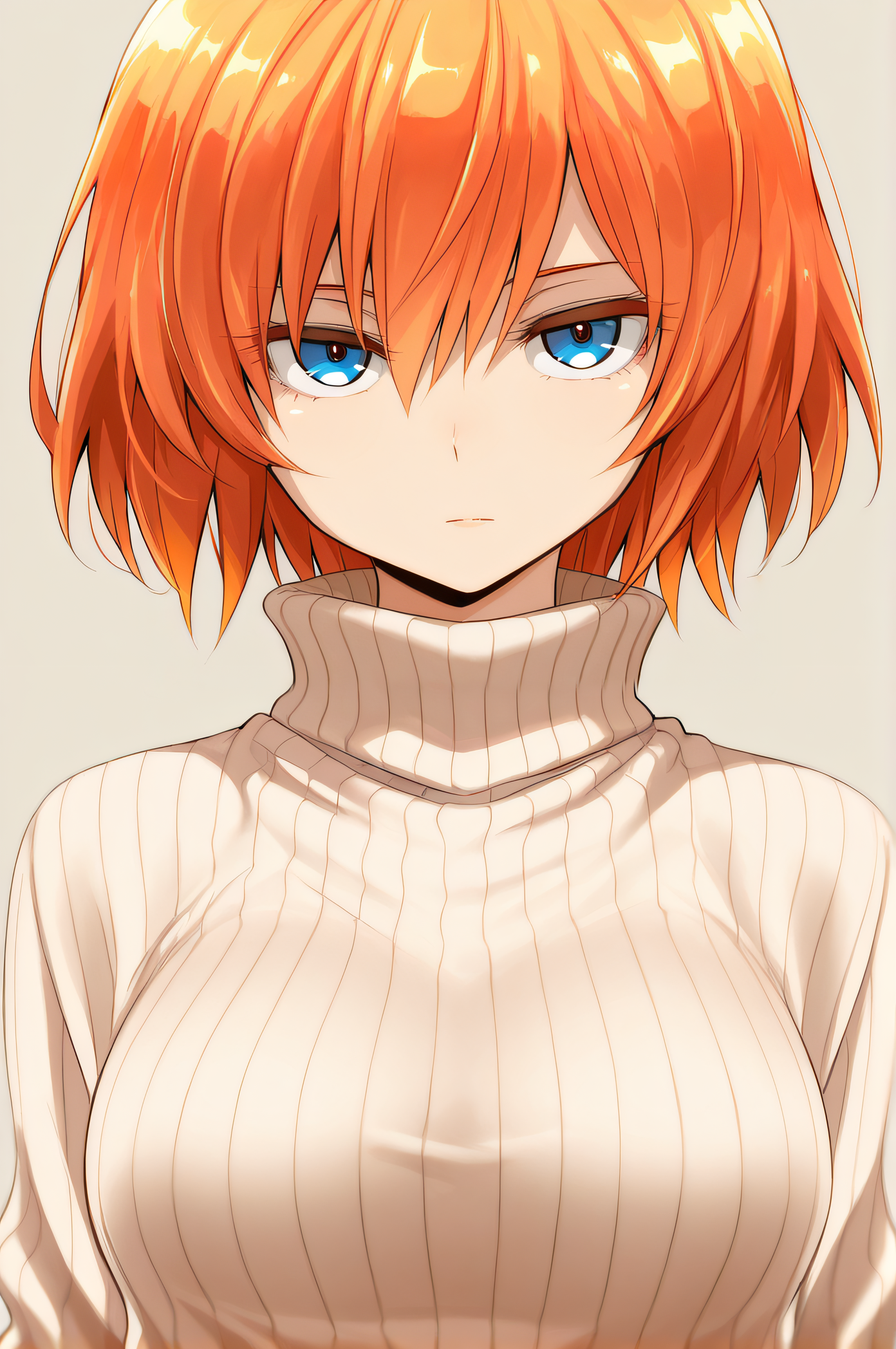 masterpiece, best quality, 1girl, solo, original artstyle, official artstyle, <lora:IL_Wataraistyle:1>, watarai, blue eyes, orange hair, short hair, ribbed sweater, upper body, turtleneck, looking at viewer, expressionless, simple background