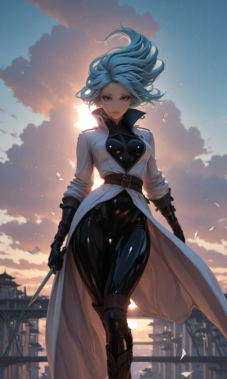 masterpiece, best quality, amazing quality, klskx, 3d realistic, nsfw, explicit, 1girl, light blue hair, long hair, windblown hair, yellow eyes, light blue eyebrows, thick eyelashes, looking at viewer, slender body, smooth skin, long coat, high collar, unbuttoned, latex, tight bodysuit underneath, thigh-high boots, wind pushing coat back, dagger, holding dagger, outdoors, (sky bridge:1.3), side composition, (floating above clouds:0.9), towering stone pillars, floating city below, thick mist, distant storm clouds, golden sunset breaking through, strong wind, loose papers flying, cold atmosphere, dynamic pose, (dark shadows:0.9), (high contrast:0.9), volumetric lighting, intricate details, blurry background, depth of field <lora:spo_sdxl_10ep_4k-data_lora_webui:1.0> <lora:illustriousXL_stabilizer_v1.23:1.0> <lora:illustrious_quality_modifiers_masterpieces_v1:0.6> <lora:klskx_wai:0.7000000000000001>