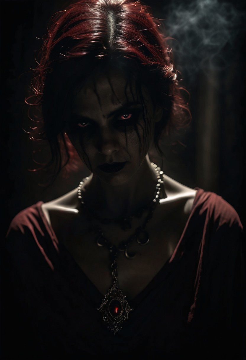 Creepy atmosphere, sinister shades, darkness, dancing shadows, superstitions, cautionary tales. ghost month, 8k uhd, by alessio albi, dust particles, depth of field, by brandon wolfel, close-up of a woman wearing a necklace, beautiful expressive eyes, ultrafocus dark red rays of light shot with anamorphic lenses, eerie atmosphere, sinister hues, darkness, dancing shadows, superstitions, cautionary tales, the unlucky, the haunted, restless spirits, ghostly light, desolate landscape, chilling wind, thin veil between the living and the dead, gloomy setting, deserted streets, flickering street lamp, unnatural shadows, dilapidated houses, horror stories, cobwebs, mystery, premonition, caution, misfortune, vengeful spirits, darkness, talismans, amulets, protective shields, ward off evil, superstitions, bad actions, legends, demons, evil beings, impending doom, heightened vigilanc