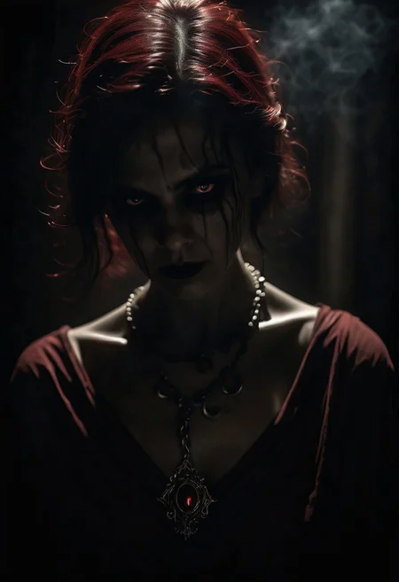 Creepy atmosphere, sinister shades, darkness, dancing shadows, superstitions, cautionary tales. ghost month, 8k uhd, by alessio albi, dust particles, depth of field, by brandon wolfel, close-up of a woman wearing a necklace, beautiful expressive eyes, ultrafocus dark red rays of light shot with anamorphic lenses, eerie atmosphere, sinister hues, darkness, dancing shadows, superstitions, cautionary tales, the unlucky, the haunted, restless spirits, ghostly light, desolate landscape, chilling wind, thin veil between the living and the dead, gloomy setting, deserted streets, flickering street lamp, unnatural shadows, dilapidated houses, horror stories, cobwebs, mystery, premonition, caution, misfortune, vengeful spirits, darkness, talismans, amulets, protective shields, ward off evil, superstitions, bad actions, legends, demons, evil beings, impending doom, heightened vigilanc