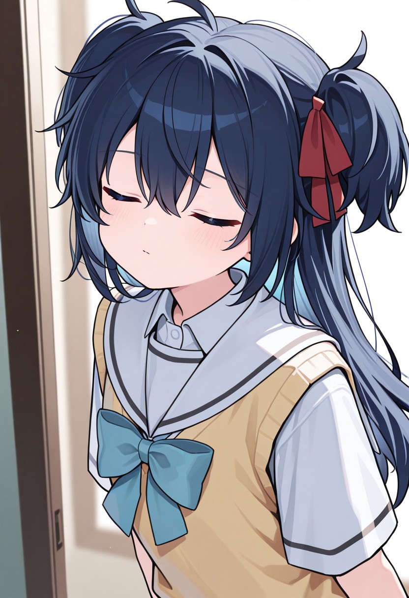 masterpiece, best quality, 32k, high resolution, absurdres, koube shio, blue bowtie, red ribbon, sweater vest, white shirt, collared shirt, bowtie, sailor collar, white sailor collar, serafuku, closed eyes