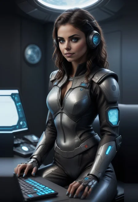 Natali_V3 a woman in a futuristic suit sitting at a desk