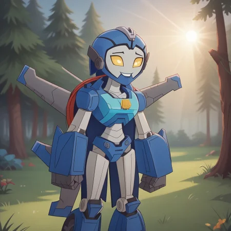 score_9, score_8, BREAK, solo, 1girl, Whirl , Autobot, yellow eyes, glowing eyes, alien girl, robot, robot girl, humanoid robot, mecha, sexy pose, self portrait, smile, outdoors, sunlight, shadows, evening lighting, natural lighting, forest, trees, grass, orange sky, sunset