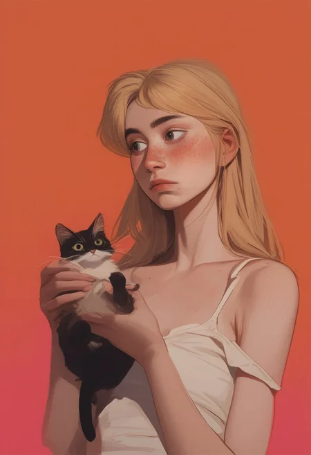 1girl, pretty face, freckles, manic pixie, long blonde hair, straight hair, 
white tank top, bra strap, holding a cat,
FOV medium shot, 
simple pastel orange background,
score_9,score_8_up