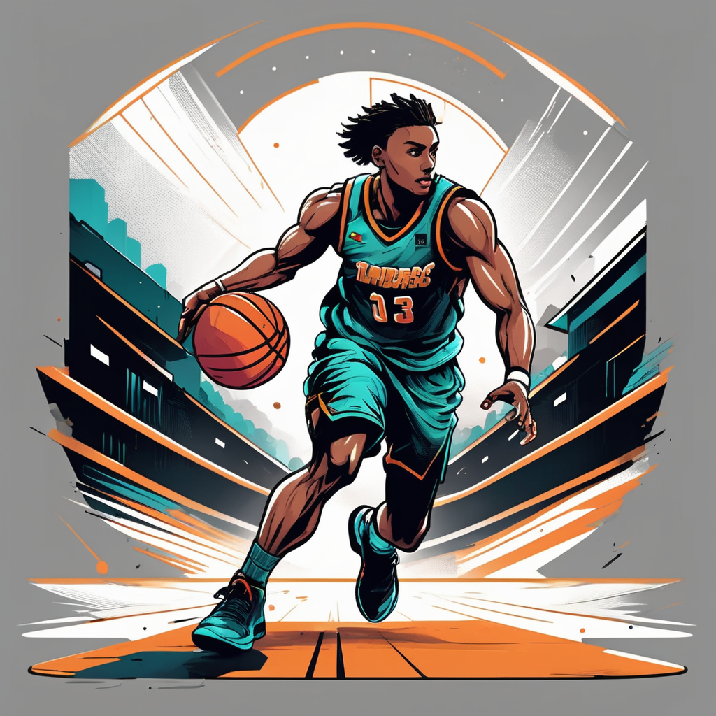 Athletic T-shirt, Basketball Player Character, Stadium Landscape, Team Color Palette, Jersey Texture, Dynamic Lineart, Action Perspective
,T shirt design,TshirtDesignAF,
<lora:TShirtDesignRedmondV2-Tshirtdesign-TshirtDesignAF:1>
