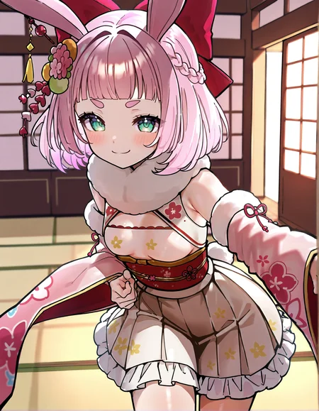 masterpiece, perfect quality, best quality, absolutely eye-catching, absurdres, highres, newest, indoors, <lora:unosakuraillustriousXL:1>, 1girl, unosakurany, solo, small breasts, cowboy shot, dynamic pose, fur scarf, smile,