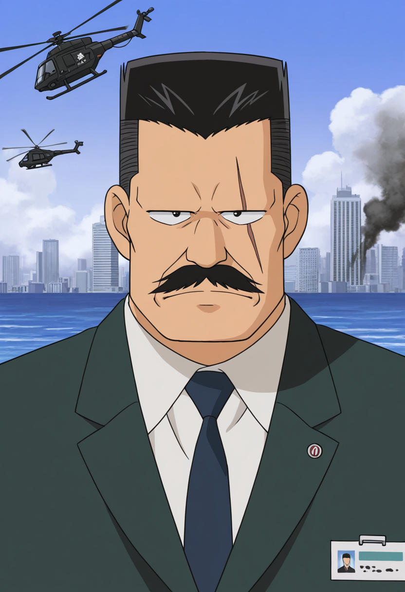1boy, dust cloud, (portrait:1.7), standing, serious, looking at viewer,
BREAK
<lora:Kiyonaga_Matsumoto_from_Detective_Conan_v1.0:1> (plump:1.2),
kiyonagamatsumoto, mature male, black hair, flattop, thick mustache, scar across eye, anime screencap,
BREAK
dark green suit, collared shirt, white shirt, dark blue necktie, black footwear, id card, badge, wristwatch, lapel pin,
BREAK
(ocean:1.2), city, cityscape, day, smoke, explosion, skyscraper, attack helicopter,
BREAK
very awa, masterpiece, best quality, absurdres, newest, perfect quality, detailed background, intricate details,