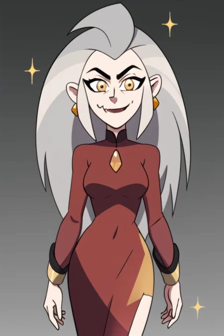 masterpiece, best quality, <lora:edalyn:0.7>, 1girl, solo, grey hair, long hair, yellow eyes, smile, looking at viewer, fang, red dress, long sleeves, jewelry, looking at viewer, sunlight, delicated ilumination, highly detailed, dark background, gradient background, tight clothes, edalyn