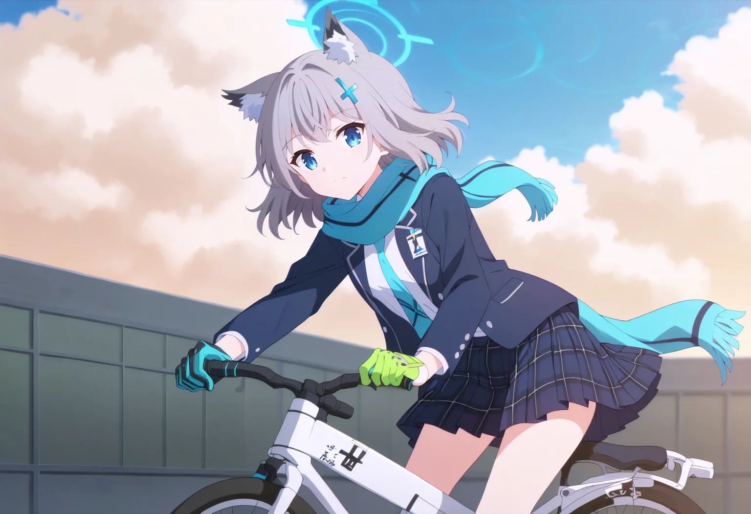 score_9, score_8_up, score_7_up, score_6_up, score_5_up, score_4_up,
gradient background,
refraction, caustics, rim lights, backlighting, bloom,
BREAK
1girl, solo, looking at viewer, blue eyes, shirt, skirt, long sleeves, hair ornament, gloves, animal ears, jacket, school uniform, white shirt, grey hair, weapon, outdoors, pleated skirt, open clothes, necktie, sky, medium hair, cloud, bag, scarf, open jacket, halo, blue sky, animal ear fluff, gun, plaid, plaid skirt, wolf ears, blue jacket, blazer, extra ears, rifle, blue necktie, single glove, assault rifle, riding, blue scarf, green gloves, cross hair ornament, mismatched pupils, bicycle, sig sauer, bangs, closed mouth, day, ground vehicle, striped scarf
<lora:Blue_Archive-v1c-PDXL:1>