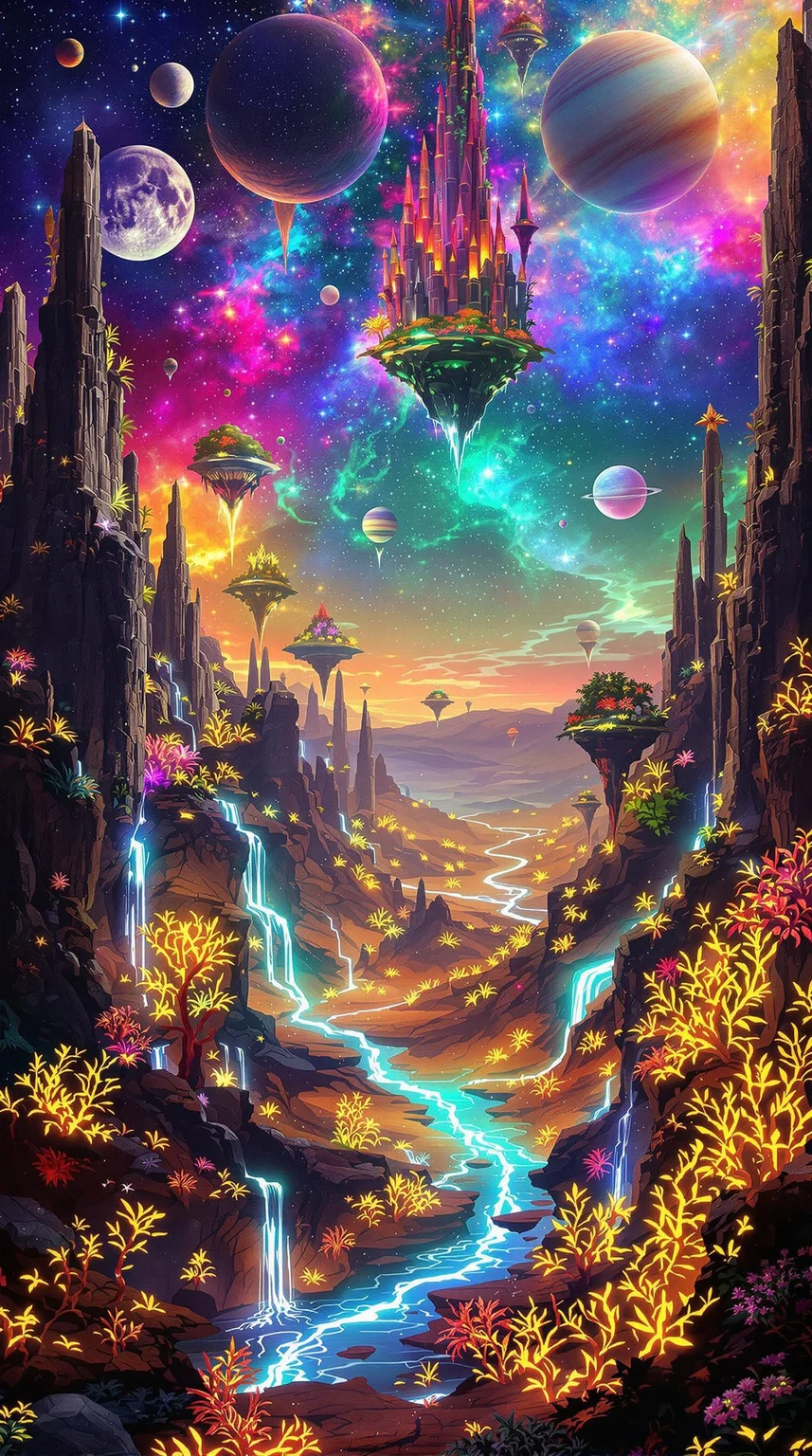 A breathtaking alien landscape, on a distant planet, featuring towering, bioluminescent flora and floating islands suspended in a vibrant
, nebula-filled sky. The terrain is a mix of crystalline formations and glowing, otherworldly plants. Rivers of liquid light flow through the valleys, casting an ethereal glow across the scene. Strange, luminescent creatures can be seen in the distance, blending seamlessly with the fantastical environment. The horizon is dotted with multiple moons and a giant, ringed planet, adding to the surreal beauty of this extraterrestrial world
