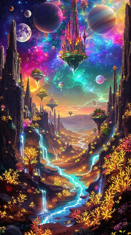 A breathtaking alien landscape, on a distant planet, featuring towering, bioluminescent flora and floating islands suspended in a vibrant
, nebula-filled sky. The terrain is a mix of crystalline formations and glowing, otherworldly plants. Rivers of liquid light flow through the valleys, casting an ethereal glow across the scene. Strange, luminescent creatures can be seen in the distance, blending seamlessly with the fantastical environment. The horizon is dotted with multiple moons and a giant, ringed planet, adding to the surreal beauty of this extraterrestrial world