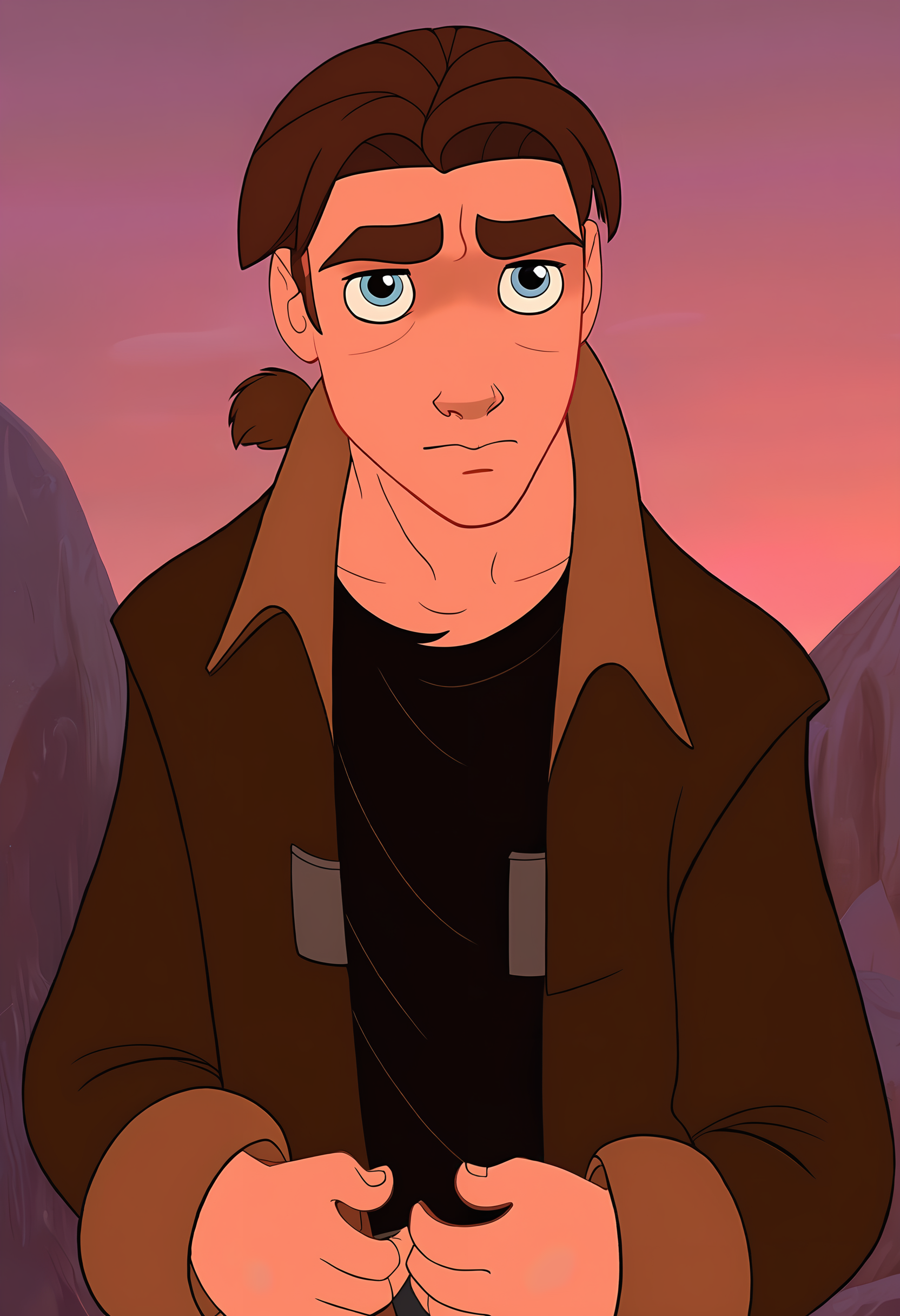 A cartoon image of HawkJim, brown jacket, black shirt, neutral expression, looking at viewer, natural colors <lora:HawkJim_man-000005:0.8>