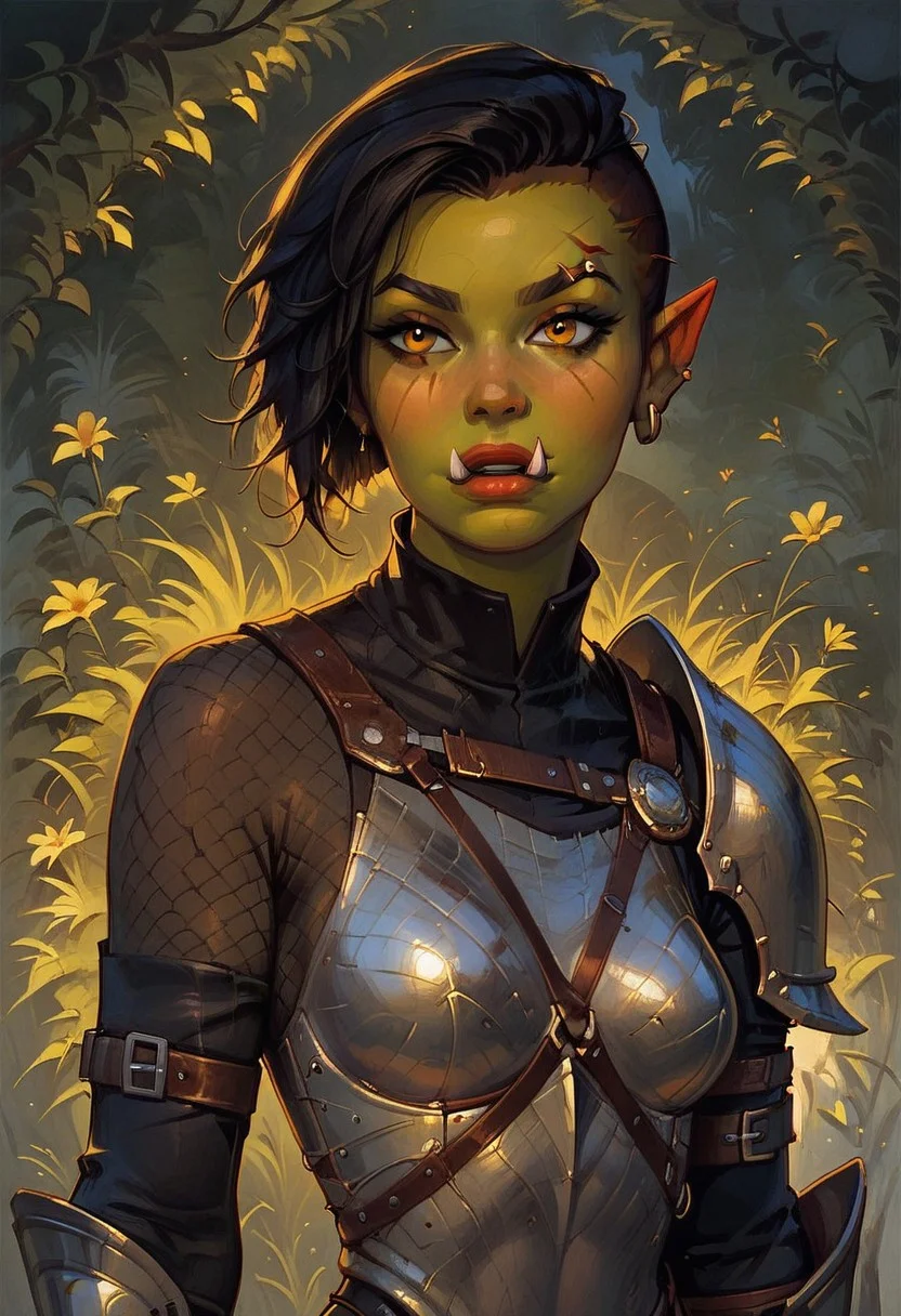 score_9, score_8_up, score_8_up, orc, tusks, green skin, short hair, black hair, undercut, slender body, small breasts, leather knight armor, fishnet bodysuit, gauntlets, metal shoulder pauldron, one shoulder armor, studded leather strap, daggers on her belt, lush lips, bangs swept back, amber eyes, cheek scar