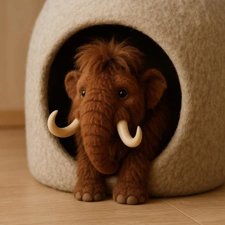 A small furry mammoth pet looks out from a cat house