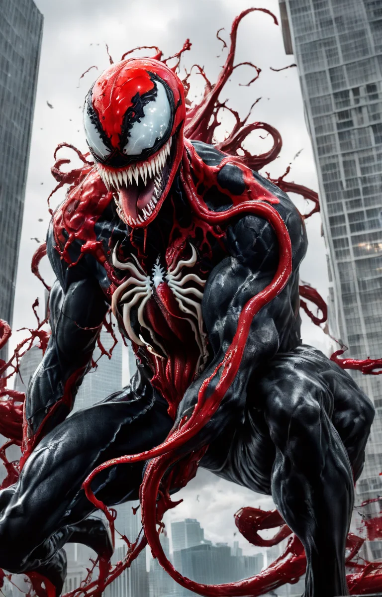 perfect mix between Carnage from Marvel and Godzilla, with Carnage's red tentacles protruding from his entire body, destroying city, blood, epic, (cataclysmic, white eyes like venom, gargantuan, taller than buildings, oversized, gigantic:1.9), absurdres, best quality, fantasy style
,(intricate details), (hyperdetailed), 8k hdr, high detailed, lot of details, high quality, soft cinematic light, dramatic atmosphere, atmospheric perspective