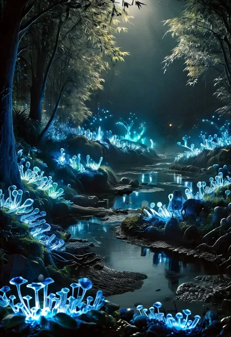 (8k analog nature photography:1.2), (a beautiful landscape:1.1) Extreme realism,  Insanely realistic, with a river in the distance, shiny sapphire (crystal:1.2) berries ,<lora:Bio-Luminescence:1> bioluminescent, glowing, focus on the fruit.  bioluminescent, glowing, detailed , detailed style, perfect, Night, darkness,