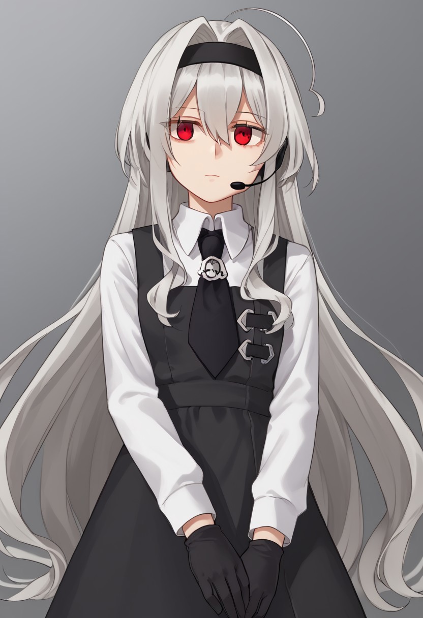 1girl, solo, Eve.aic, long hair, red eyes, hairband, ahoge, very long hair, bangs, hair intakes, hair between eyes, white hair, black hairband, headset, grey hair,
shirt, white shirt, long sleeves, gloves, collared shirt, black gloves, dress, necktie, black dress, pinafore dress, badge