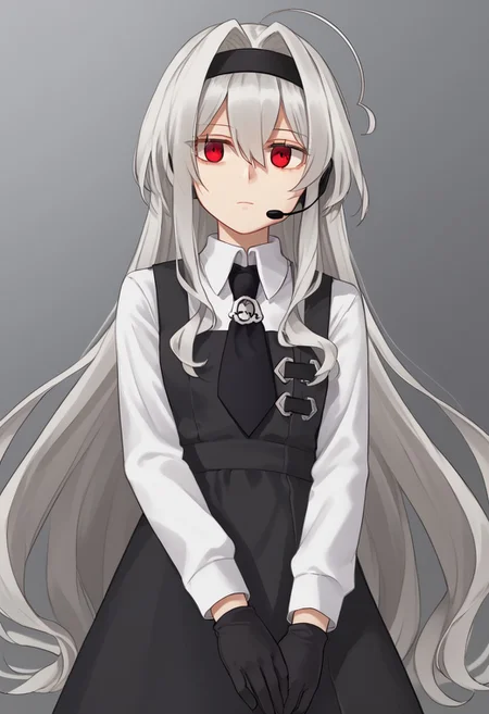 1girl, solo, Eve.aic, long hair, red eyes, hairband, ahoge, very long hair, bangs, hair intakes, hair between eyes, white hair, black hairband, headset, grey hair,
shirt, white shirt, long sleeves, gloves, collared shirt, black gloves, dress, necktie, black dress, pinafore dress, badge