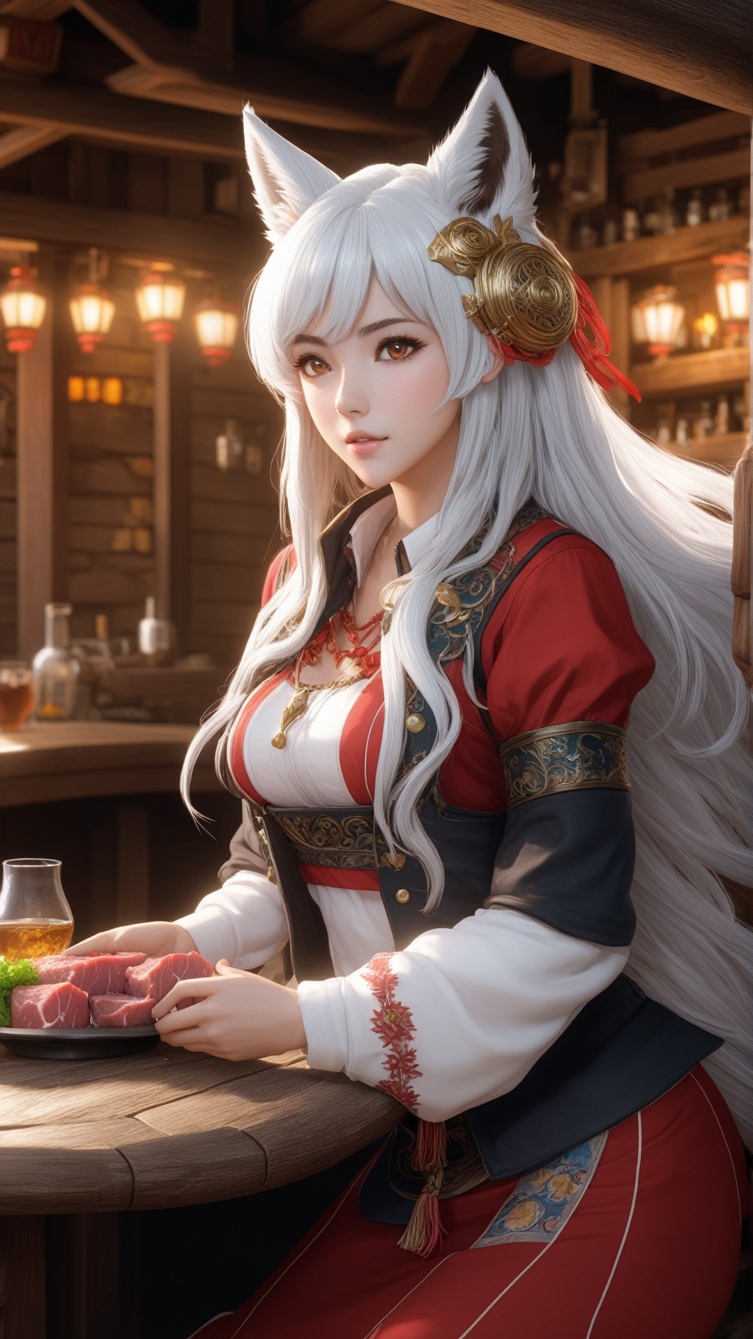 sehele style, anime, (((full body view))), (dark tanned skin:1.5), a female girl sitting, (((wolf ears))), (((white hair))), (((red clothes))), (((enjoying eating raw meat)), (((the most beautiful eyes))), (((intricate patterns on clothes))), a character portrait, inspired by Yi Yuanji, polycount contest winner, dau-al-set, [ adamantly defined abs ]!!, bruh moment, tony taka, fantasia photo, physical : tinyest midriff ever, (((in a fantasy tavern))), smooth soft skin, big dreamy eyes, beautiful intricate colored hair, symmetrical, anime wide eyes, soft lighting, (((detailed face))), 8k, 4k, Unreal Engine 5, octane render, trending on pixiv, fanbox, skeb, masterpiece, smooth soft skin, big dreamy eyes, beautiful intricate colored hair, symmetrical, anime wide eyes, soft lighting, concept art, digital painting, by Seunghee Lee, <lora:Seunghee_Lee_Style_SDXL:0.7>