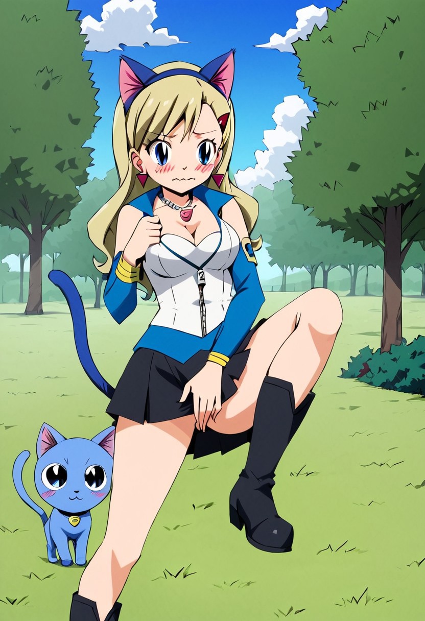 Rebecca Bluegarden, alone, cute face, wavy mouth, ash blonde hair, bangs on the left, long hair, blue eyes, medium breasts, feminine, hair clip, hair ornament, nice body, jewelry, necklace, triangle earrings, cat ears, animal ears, blushing, embarrassed, cat tail, tail, breasts, cleavage, fake animal ears, cosplay, black miniskirt, slit skirt, white blouse, zipper blouse, boots, short boots, black boots, covering crotch with her hands, pulling skirt, pokemon, cat, \(creature\), blue cat, holding leg, outdoors, cloudy sky, day, blue sky, cloud, sky, tree, grass, bush