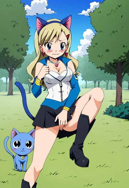 Rebecca Bluegarden, alone, cute face, wavy mouth, ash blonde hair, bangs on the left, long hair, blue eyes, medium breasts, feminine, hair clip, hair ornament, nice body, jewelry, necklace, triangle earrings, cat ears, animal ears, blushing, embarrassed, cat tail, tail, breasts, cleavage, fake animal ears, cosplay, black miniskirt, slit skirt, white blouse, zipper blouse, boots, short boots, black boots, covering crotch with her hands, pulling skirt, pokemon, cat, \(creature\), blue cat, holding leg, outdoors, cloudy sky, day, blue sky, cloud, sky, tree, grass, bush