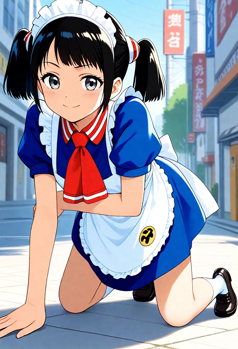 <lora:Hyper-SDXL-8steps-lora:1><lora:Fixhands_anime_bdsqlsz_V1:1> zPDXL2, score_9, score_8_up, score_7_up, source_anime, intricate details, perfect anatomy BREAK
1girl, skinny, mar-kthroboco, bob cut, grey eyes, mar-kthroboco outfit,
black hair, short twintails, maid headdress,red neckerchief, maid, maid apron, white socks, black shoes,
downpants, all fours, Teasing, A playful smirk, a raised eyebrow, and a hint of dominance.,
outdoors, city, tokyo, japan,
<lora:mar-roboco-dx_XL(pony)v10:0.9>