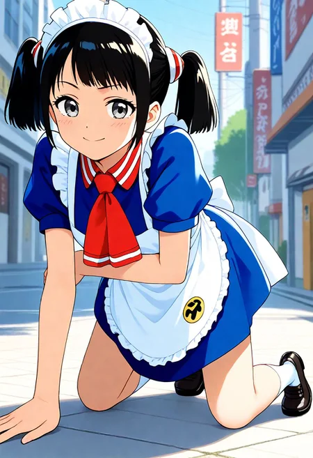 <lora:Hyper-SDXL-8steps-lora:1><lora:Fixhands_anime_bdsqlsz_V1:1> zPDXL2, score_9, score_8_up, score_7_up, source_anime, intricate details, perfect anatomy BREAK
1girl, skinny, mar-kthroboco, bob cut, grey eyes, mar-kthroboco outfit,
black hair, short twintails, maid headdress,red neckerchief, maid, maid apron, white socks, black shoes,
downpants, all fours, Teasing, A playful smirk, a raised eyebrow, and a hint of dominance.,
outdoors, city, tokyo, japan,
<lora:mar-roboco-dx_XL(pony)v10:0.9>