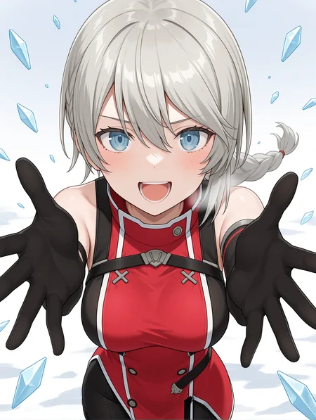 masterpiece,best quality,newest,
1girl,solo,
<lora:ADELAIDE_BLUTHAUSEN_ilxl_v1.0:1>,a_bluthausen,grey hair,blue eyes,braided ponytail,
s_garte,bare shoulders,detached sleeves,red dress,asymmetrical sleeves,elbow gloves,asymmetrical clothes,
single pantsleg,<lora:Fixhands_anime_bdsqlsz_V1:1>,looking_at_viewer,standing,simple_background,white_background,open hands,front view,portrait,outstretched arms,straight-on,cowboy_shot,laughing,cold,ice,clenched hands,