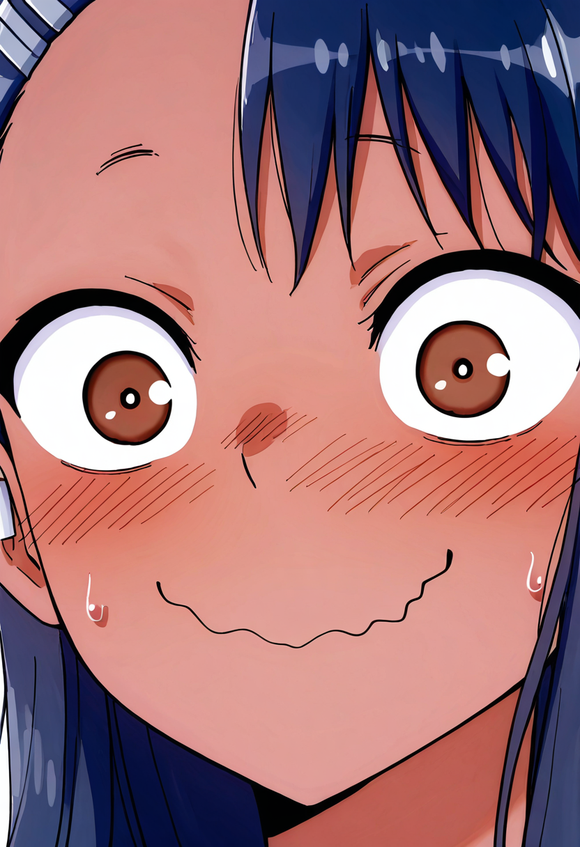 masterpiece, best quality, 1girl, solo,   ,<lora:NagatoroIXL_v2:1.0>,   zzNagatoro, blush, wavy mouth, close-up, looking at viewer, earclip, closed mouth, sweat, wide-eyed, portrait, smile, sweatdrop, blue hair, embarrassed