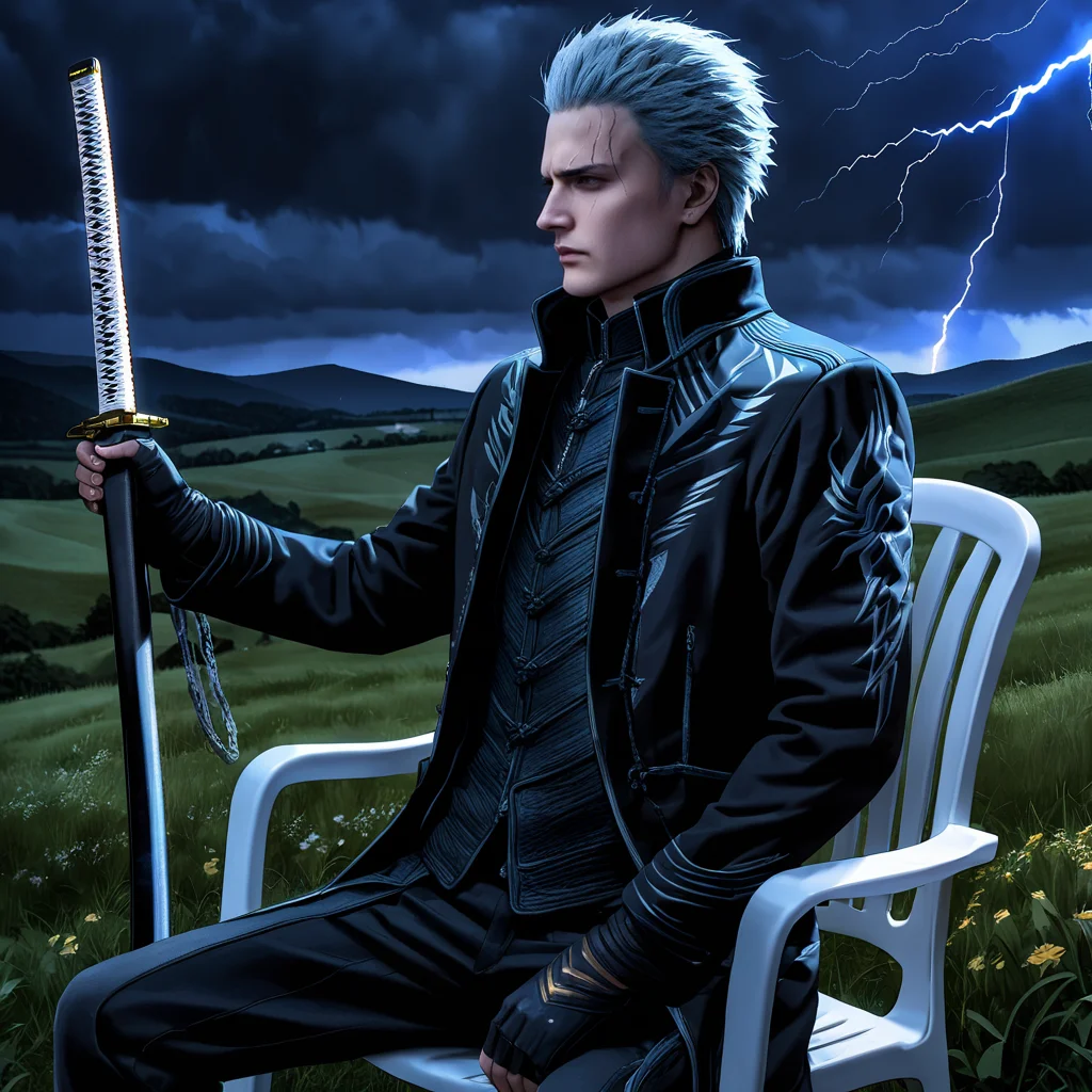 parametersparametersbest quality,masterpiece,HDR,UHD,8K,absurdres,Highly detailed,ultra-fine painting,sharp focus,extreme detail description,Professional,Vivid Colors,(((comic))),<lora:VirgilXL:0.8>,devil may cry,(((plastic chair))),chair,(((white chair))),(((white plastic chair))),food stall plastic chair,armchair,1boy,virgil,black coat,black clothes,sitting on plastic chair,<lora:Xian-Tæé¨ä¿®å¤loraï¼SDXLï¼:1>,vyamato,katana,sword,(((facial details))),adult,the chair is on a hill,A chair was placed on the top of a hill and lightning struck it,landscape,hills,in a meadow,(((lighting))),rainy days,(((night))),(detailed light),lightning surrounds,(((lightning chain))),lighting storm,disdain,contempt,evil,