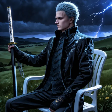parametersparametersbest quality,masterpiece,HDR,UHD,8K,absurdres,Highly detailed,ultra-fine painting,sharp focus,extreme detail description,Professional,Vivid Colors,(((comic))),<lora:VirgilXL:0.8>,devil may cry,(((plastic chair))),chair,(((white chair))),(((white plastic chair))),food stall plastic chair,armchair,1boy,virgil,black coat,black clothes,sitting on plastic chair,<lora:Xian-Tæé¨ä¿®å¤loraï¼SDXLï¼:1>,vyamato,katana,sword,(((facial details))),adult,the chair is on a hill,A chair was placed on the top of a hill and lightning struck it,landscape,hills,in a meadow,(((lighting))),rainy days,(((night))),(detailed light),lightning surrounds,(((lightning chain))),lighting storm,disdain,contempt,evil,