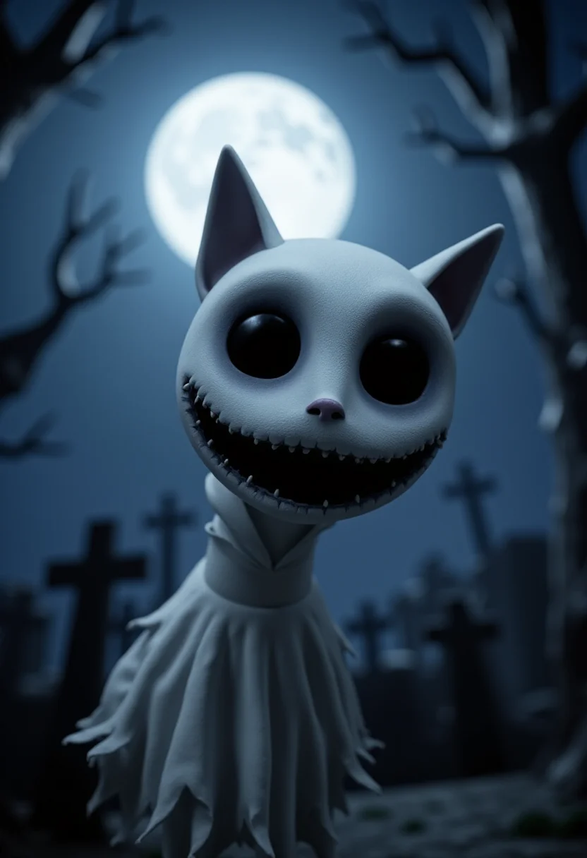 <lora:Tim_Burton_Style_FX-000001:1> tburton_style, a ghostly cat with large black eyes and a huge black smile, floating over a cemetary at night , with a full moon.