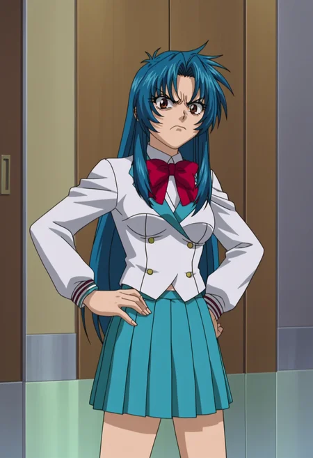 score_9, score_8_up, score_7_up, source_anime,
BREAK
1girl, solo,
<lora:shiChidoriV1:1>,
anime screencap, anime coloring, 1990s \(style\),
shikanamedef, brown eyes,
long hair, blue hair,
school uniform, pleated skirt, blue skirt, long sleeves, bow,
looking at viewer, hand on own hip, angry, disgust, pointing at viewer, disgust,