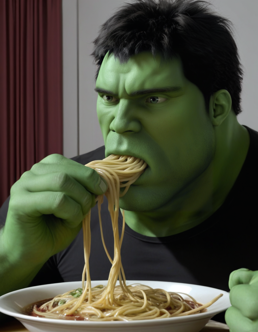 <lora:The_Incredible_Hulk_2003:0.7> hulk eating pasta, male, photorealistic, best quality, best resolution, best details, sharp focus, 4k, masterpiece