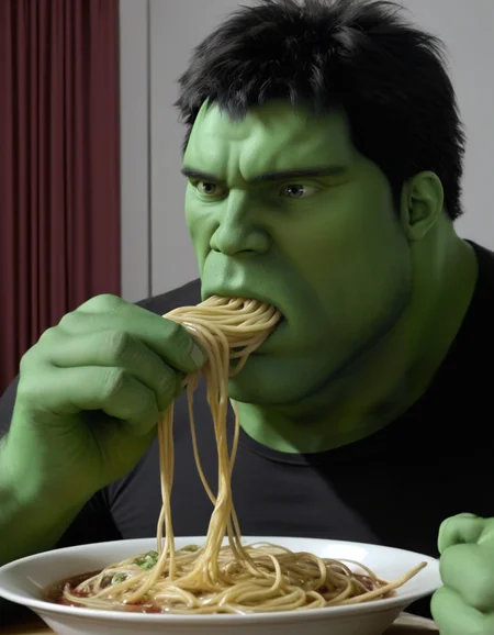 <lora:The_Incredible_Hulk_2003:0.7> hulk eating pasta, male, photorealistic, best quality, best resolution, best details, sharp focus, 4k, masterpiece