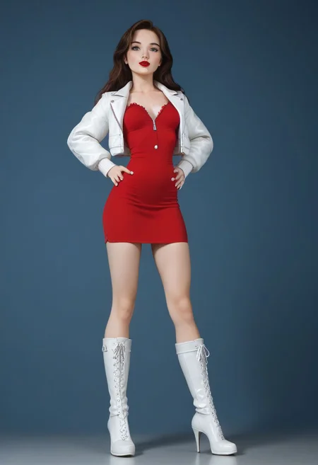 Expressiveh, red lipstick, long pony tail, (brunette 1.2), super long hair, Open white sports jacket,
Red blouse top, white leather high waist long pencil skirt, below knee skirt,
very high platforms boots, 9 inch heels,
small breasts, cute, adorable, innocent, petite, thin, Katie, highly detailed, perfect skin, freckles, playful look, standing facing camera, full body image,