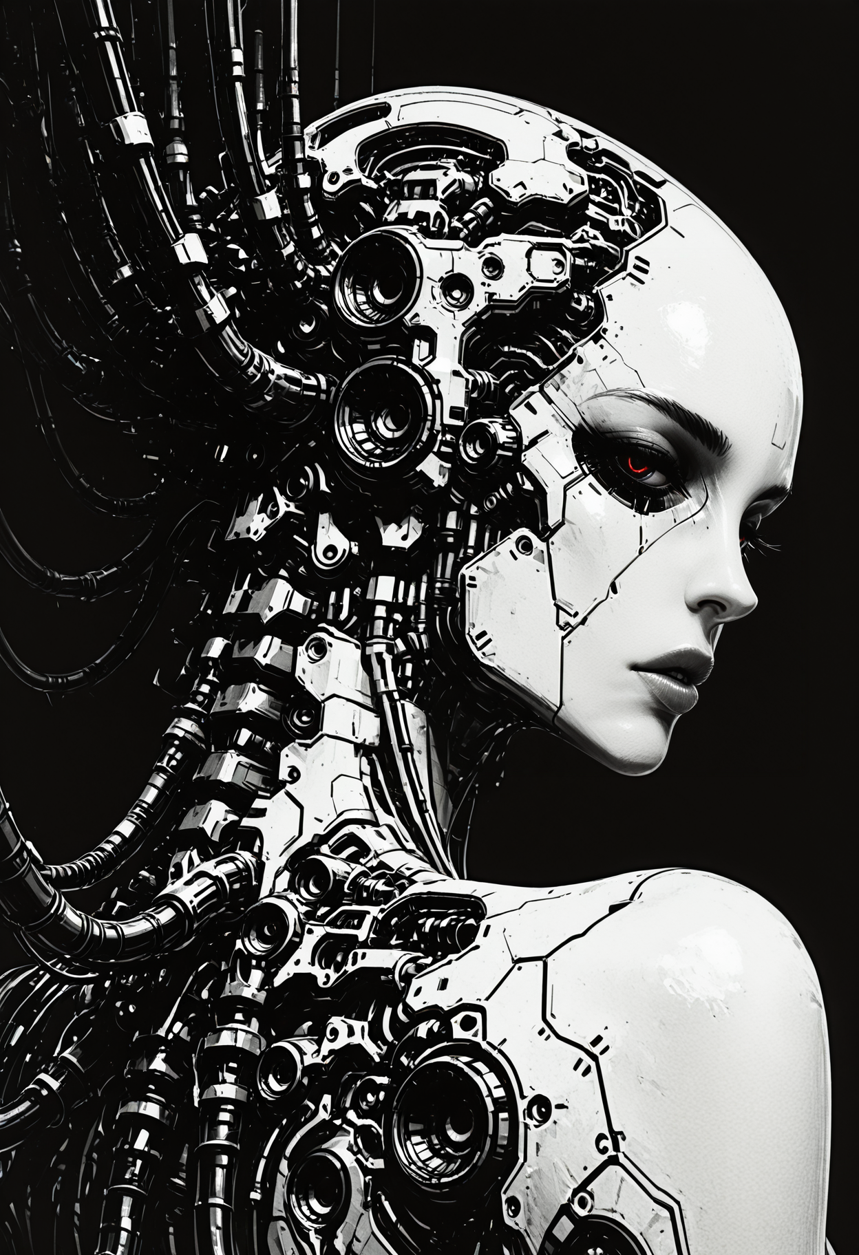 masterpiece, best quality, good quality, very aesthetic, absurdres, newest, 8K, depth of field, focused subject, ghost in the shell aesthetic, monochrome, black and white, line art, sketch style, technical drawing, closeup quarter upper body shot, from behind, almost from side, 1girl, cyborg, gynoid, face focus, segmented face with panel lines, dark vacant eyes, looking back, parted lips, intricate exposed mechanical components above cranium, cyberpunk, high contrast background, clinical atmosphere.
<lora:DRKWB:0.4> <lora:SketchStyle:0.8> Jedsk5tch, sketch,  <lora:skzW0rld-IXL:1> skzW0rld
