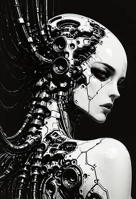 masterpiece, best quality, good quality, very aesthetic, absurdres, newest, 8K, depth of field, focused subject, ghost in the shell aesthetic, monochrome, black and white, line art, sketch style, technical drawing, closeup quarter upper body shot, from behind, almost from side, 1girl, cyborg, gynoid, face focus, segmented face with panel lines, dark vacant eyes, looking back, parted lips, intricate exposed mechanical components above cranium, cyberpunk, high contrast background, clinical atmosphere.
<lora:DRKWB:0.4> <lora:SketchStyle:0.8> Jedsk5tch, sketch, <lora:skzW0rld-IXL:1> skzW0rld