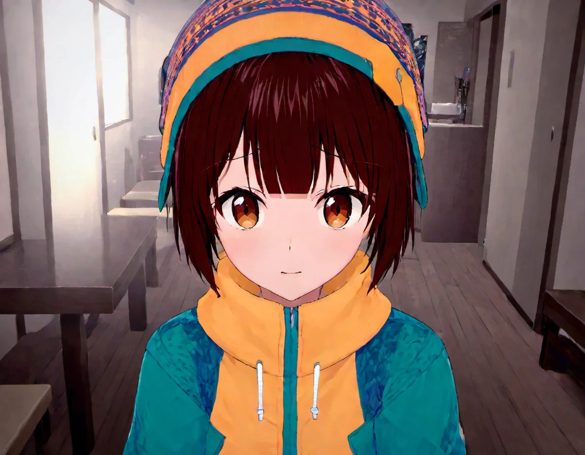 <lora:Miku_Maruyama:.8>, Miku, 1girl, solo, looking at viewer, upper body, hat, jacket, indoors, beanie, bangs, table