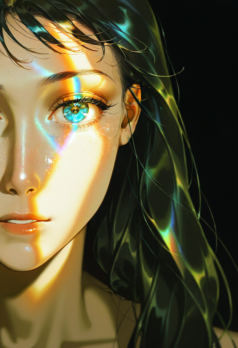 prism light, solo, 1girl, looking at viewer,black background, shadows,eyelashes, long hair,freckles,portrait,black hair,