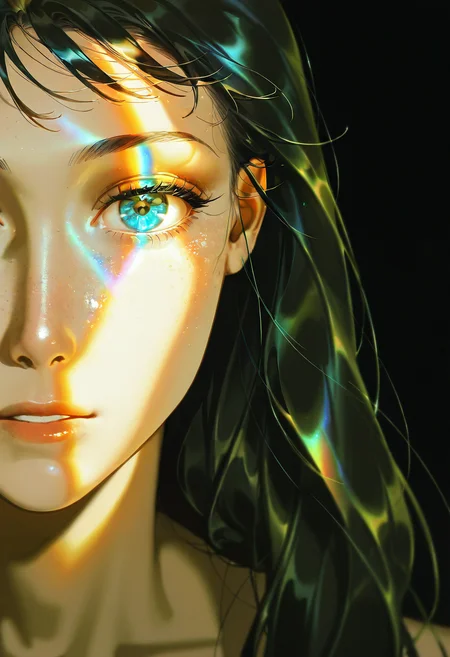 prism light, solo, 1girl, looking at viewer,black background, shadows,eyelashes, long hair,freckles,portrait,black hair,