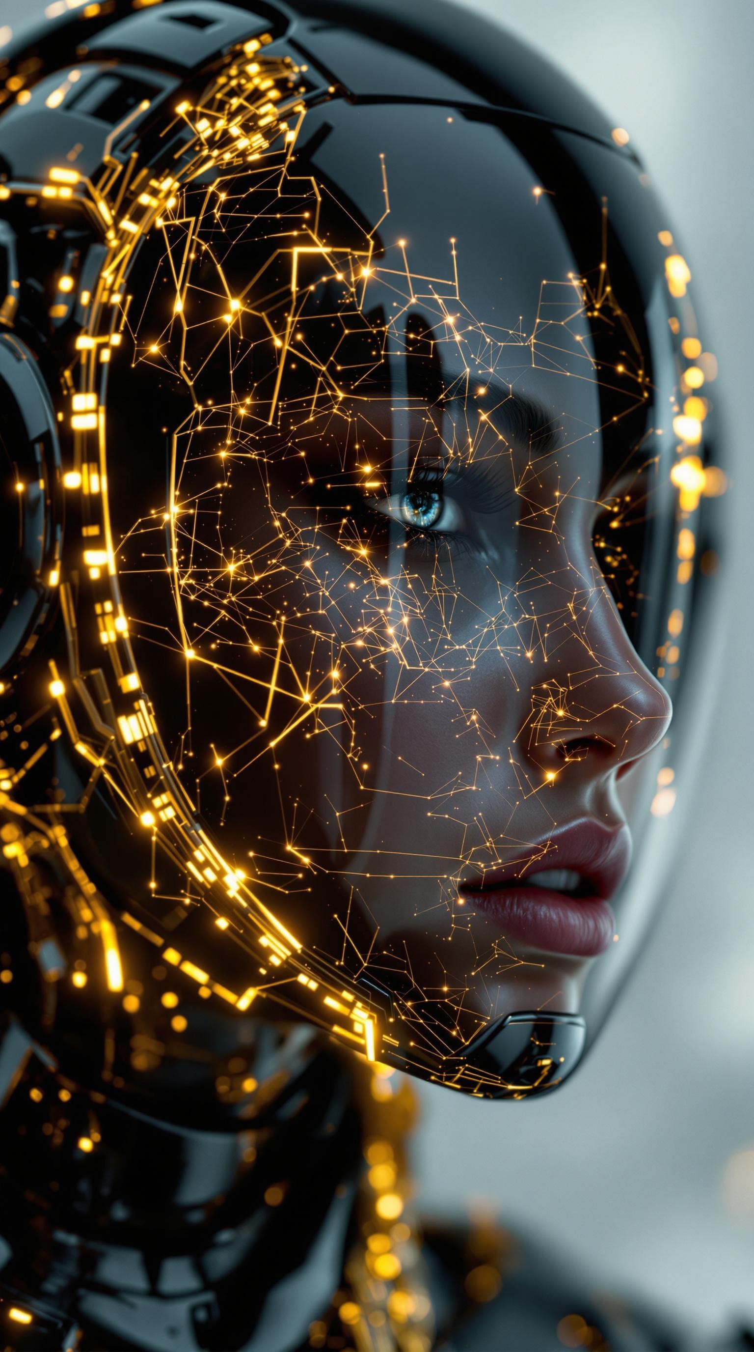 Woman wearing a cyberpunk style shiny black helmet with robotic features, the reflection on her face is made of glowing golden wires with intricate details, hyper realistic photography in the style of editorial pose, photorealistic, 8k, high render