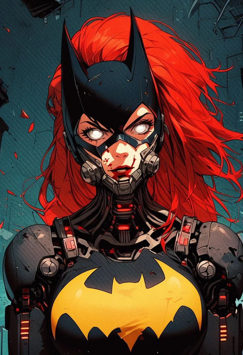 <lora:Kenva:1.0> score_9, knva, halftone effect, metal mask, 1girl, solo, cyberpunk, cyborg, batgirl, looking at viewer, red hair, white eyes, bloody, large breasts,