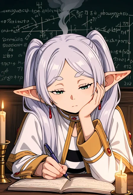 <lora:noobai_ep11_stabilizer_v0.114_fp16:0.8>1girl,frieren,half-closed eyes,head steam,doing homework,hand on own cheek,math equation background,masterpiece,candle,