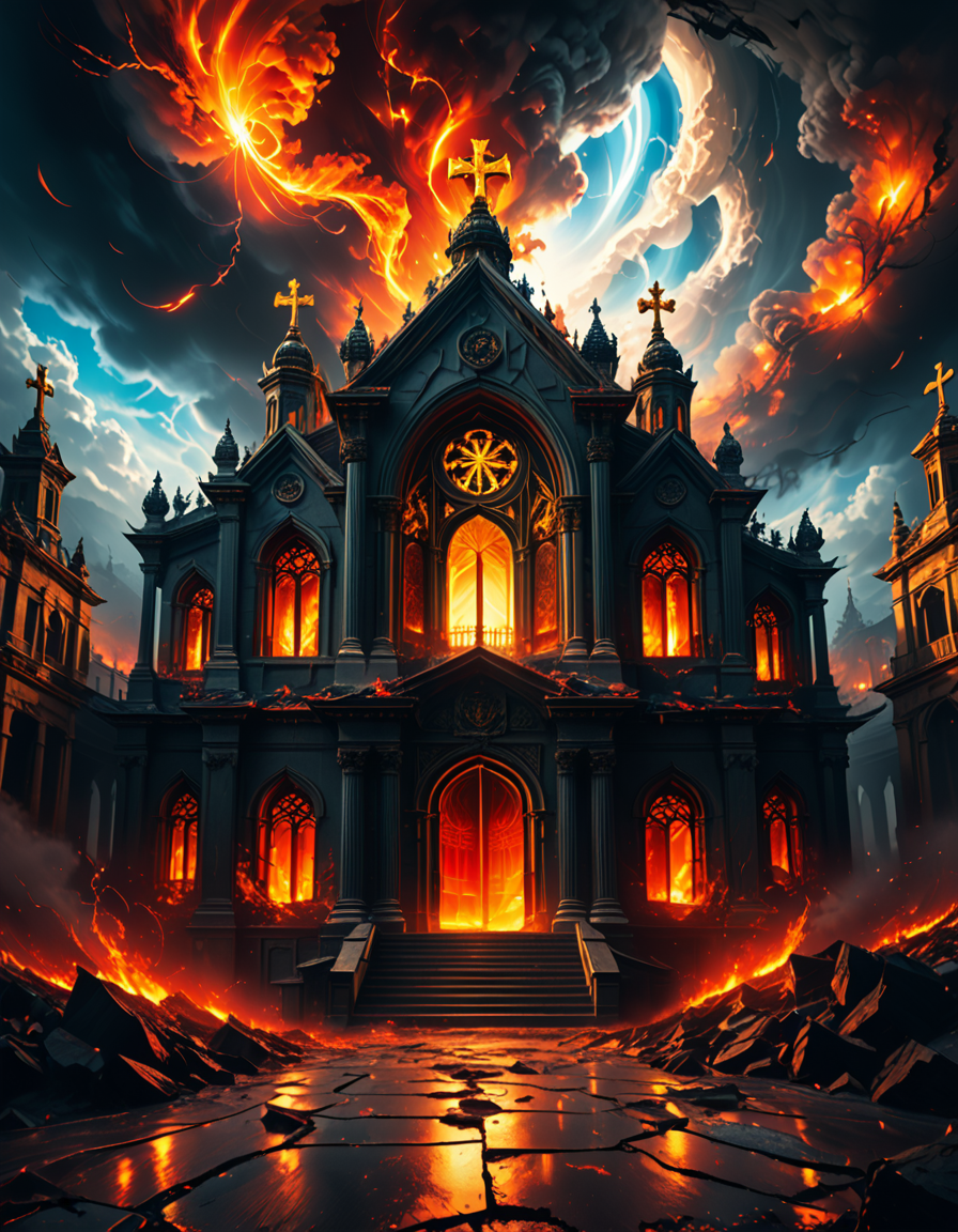 A once-majestic celestial temple, now under siege by the forces of Hell. The grand white stone structure is cracked and scorched, its golden crosses twisted and broken. The stained-glass windows, once glowing with warm divine light, are now shattered, with demonic symbols glowing ominously in their place. The sky, once a serene blue, is now consumed by dark storm clouds, swirling with red lightning and thick smoke.
Black, jagged chains extend from the sky, wrapping around the temple as if trying to pull it down into the abyss. The once-fluffy clouds beneath the structure are now a chaotic mix of fire, ash, and dark mist, with glimpses of molten lava cracks below. Infernal creatures with glowing red eyes lurk in the shadows, their silhouettes barely visible through the smoke and fire.
The temple doors are blown open, revealing an eerie red glow emanating from within, as if Hell itself is consuming the sacred space. Massive demonic runes are etched into the stone, pulsating with an unholy energy. The entire scene is bathed in a deep crimson and orange glow, giving it an apocalyptic and nightmarish atmosphere.
Style & Lighting:
- Dark fantasy, highly detailed
- Dramatic, high-contrast lighting with fiery glows
- Cinematic composition, epic scale
- Strong use of shadows, embers, and atmospheric foghighly detailed and atmospheric view from inside a massive birdcage, large enough for a human to stand inside. The cage is made of ornate, aged metal bars with intricate Victorian-style patterns, curving elegantly towards the domed ceiling. Sunlight filters through the gaps between the bars, casting long, dramatic shadows on the wooden floor. Delicate vines and small flowers have begun to grow around the bars, adding a touch of nature reclaiming the space. The background beyond the cage is blurred, hinting at a lush garden or a mysterious, abandoned mansion. The ambiance is serene yet slightly melancholic, with warm golden light illuminating dust particles floating in the air. Soft feathers are scattered on the floor, adding to the sense of quiet abandonment. The perspective makes the viewer feel as if they are inside the cage, looking outward, surrounded by both beauty and confinement. The style is highly detailed and realistic, with a cinematic and slightly surreal atmosphere.
<lora:SDXLFaeTastic2400:0.4> <lora:extremely_detailed:0.4> extremely detailed,evil celestial t3mpl3, <lora:evil_celestial_t3mpl3-p:1>, Masterpiece,best quality,hi res,8k,hi res,8k,award winning,(sharp focus, intricate, highly detailed),