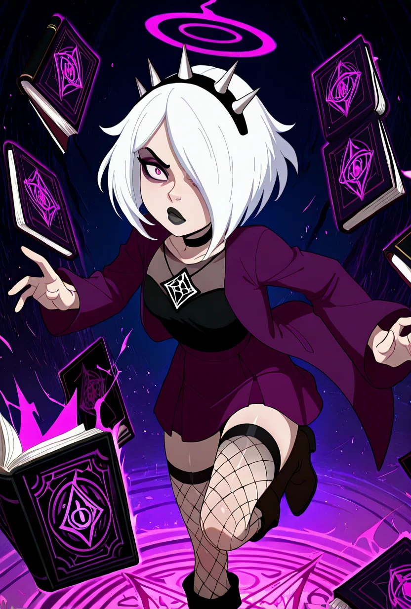 <lora:charmreb:1> charmreb, 1girl, white hair, short hair, spiked hairband, black choker, makeup, hair over one eye, eyeshadow, black lips, jacket, long sleeves, dynamic pose, purple skirt, fishnet legs, boots, ,  open book, floating books, dark cult, masterpiece, best quality, amazing quality, very aesthetic, absurdres, newest,