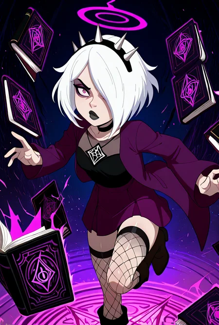 <lora:charmreb:1> charmreb, 1girl, white hair, short hair, spiked hairband, black choker, makeup, hair over one eye, eyeshadow, black lips, jacket, long sleeves, dynamic pose, purple skirt, fishnet legs, boots, , open book, floating books, dark cult, masterpiece, best quality, amazing quality, very aesthetic, absurdres, newest,