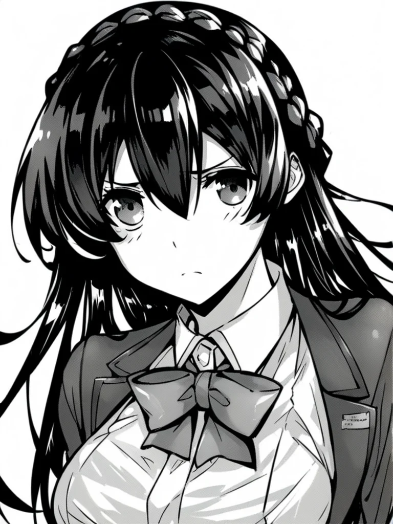score_9, score_8_up, score_7_up,
1girl, monochrome, shiramine hibiki, long hair, crown braid, large breasts, black hair,
white background, face, frown, looking at viewer, white shirt, blazer, bowtie, school uniform,